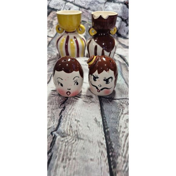 Vintage Salt Pepper Shakers and Egg Cups Anthropomorphic Man Woman Kitschy READ - Picture 3 of 6